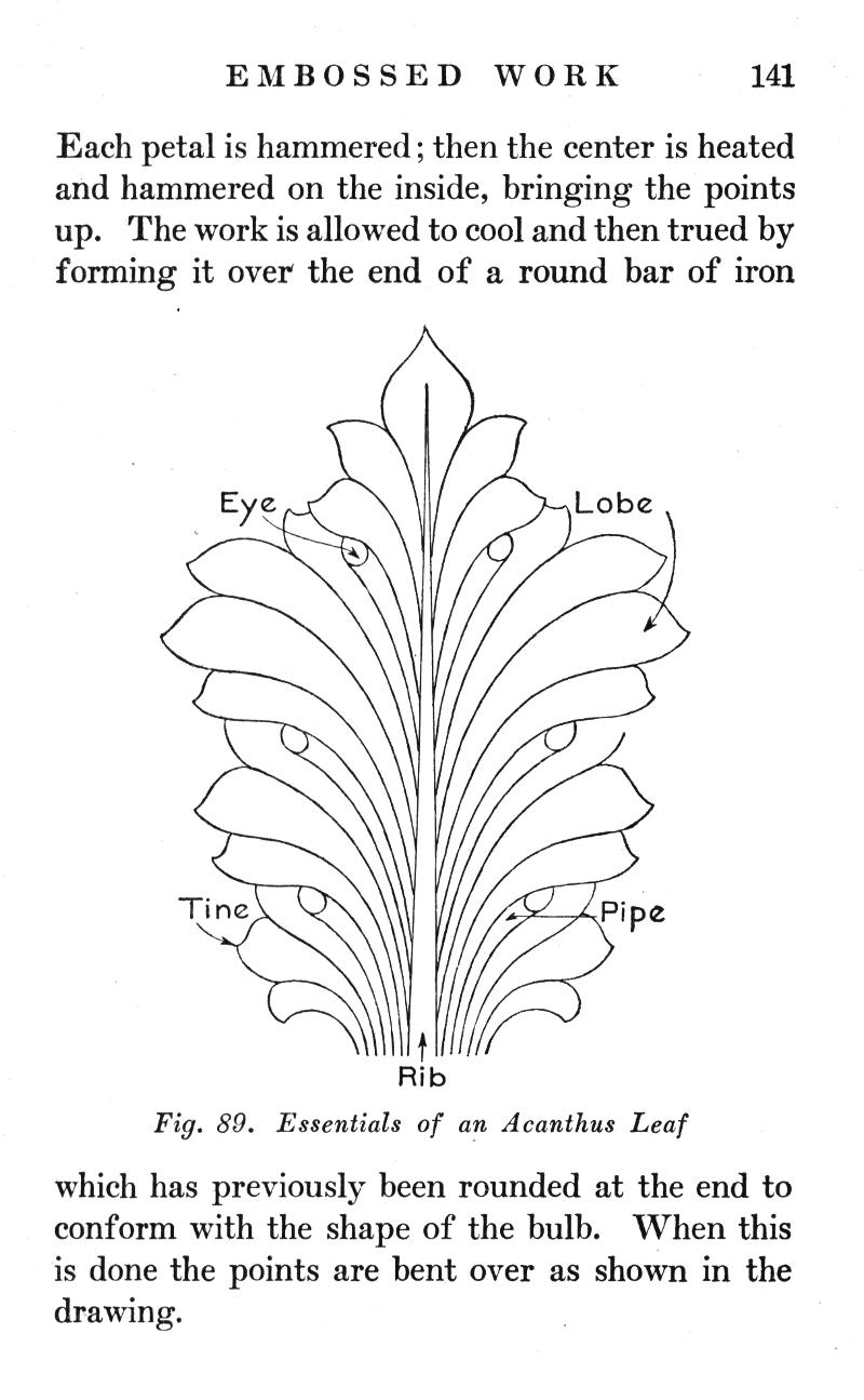 EMBOSSED WORK, p.141, petal, hammered, forming, iron, Fig. 89, Essentials, Acanthus, Leaf, bulb, drawing