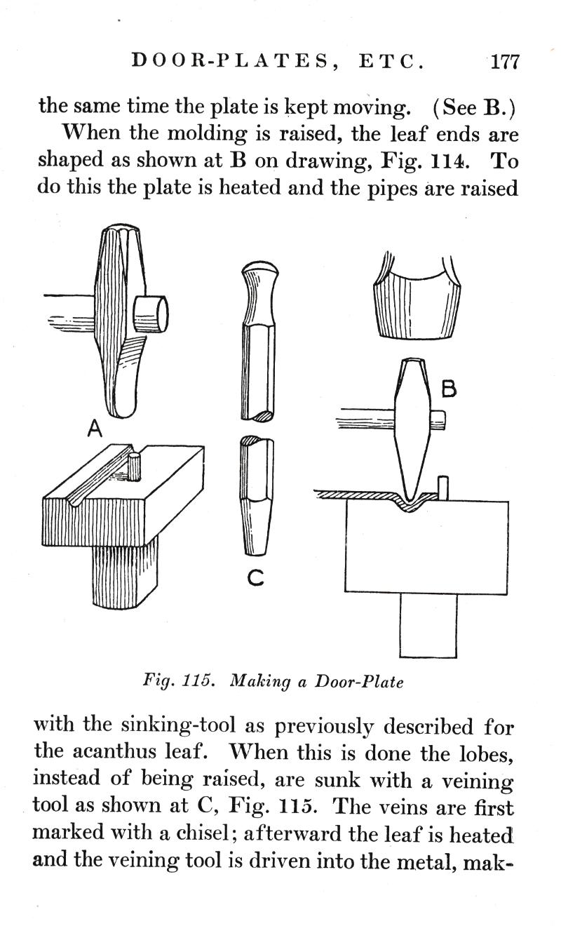 DOOR PLATES, p.177, leaf, Fig. 114, pipes, sinking-tool, acanthus leaf, lobes, veining tool, metal