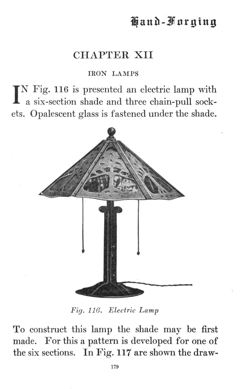 CHAPTER XII, IRON LAMPS, Fig. 116, electric, lamp, shade, chain-pull, sockets, Opalescent, glass, shade, Fig. 117, p.179