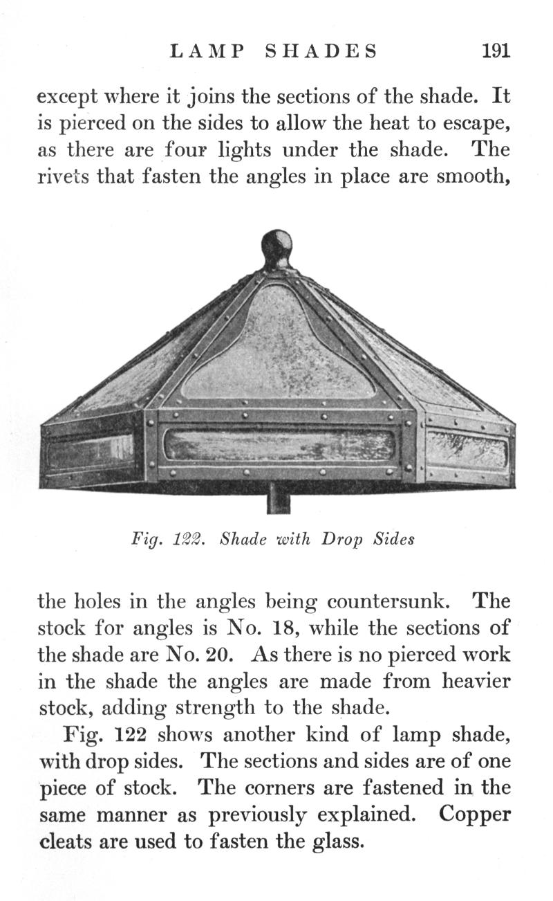 LAMP SHADES, p.191, pierced, rivets, angles, countersunk, stock, Fig.122, Copper, cleats, glass