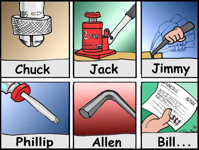 Tools with names, Chuck, Jack, Jimmy, Phillip, Allen, Bill. . .