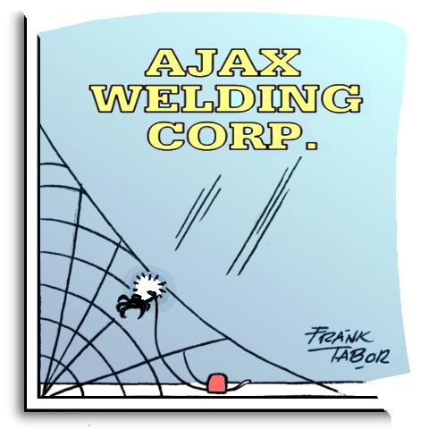 Ajax Welding Corp window with spider web being welded by spider using tiny Lincoln Tombstone welder