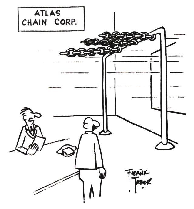 Atlas Chain Corp. Heavy steel chain blowing in breeze. Counterman tells another worker. . .  