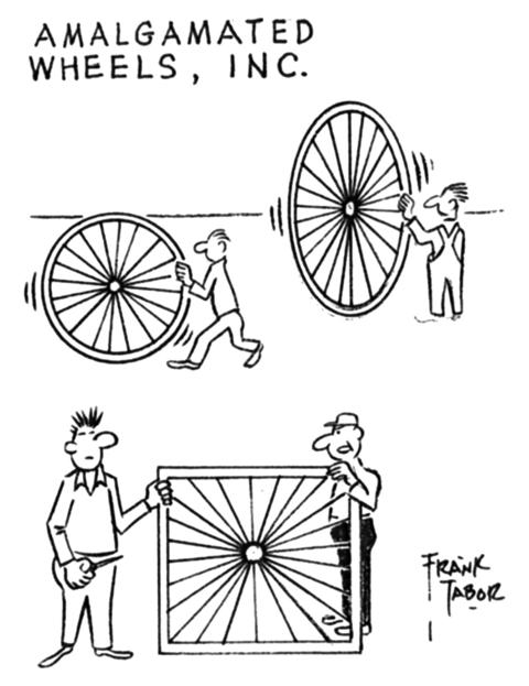Amalgamated Wheels, Inc, workers with round wheels, Squiggs with square wheel . . .