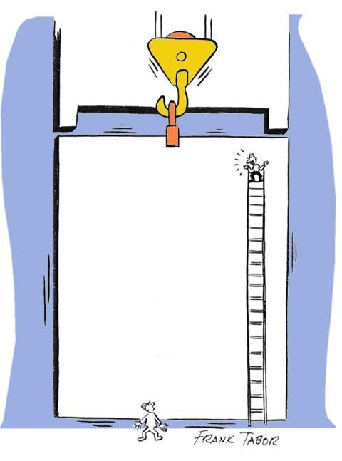 Man at top of 40 foot ladder asking worker below stabilizing the work to toss something up to him. . . 
