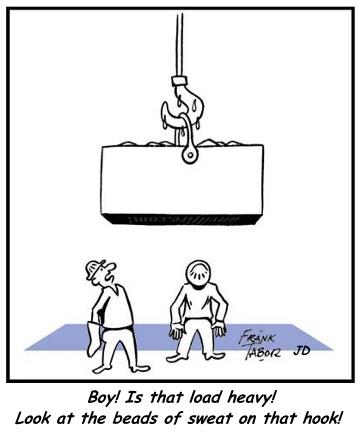 Boy is that load heavy!  Look at the beads of sweat on that hook! Chain hoist cartoon