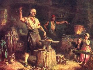 The American Cincinnatus - Portriat of American President George Washington at the forge sharpening a horse drawn plow children looking on. ca. 1919 J.L.G. Ferris 1863-1930