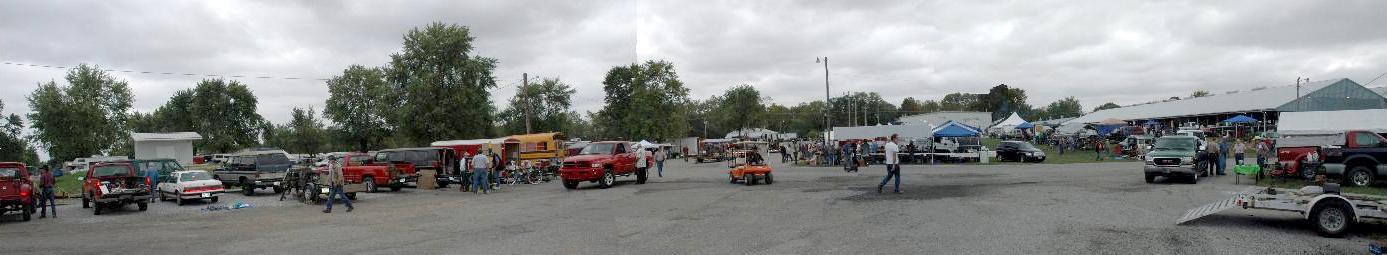 Panoramic View from the trade lot of the SOFA Quadstate confernece. Blacksmiths Tailgating (selling tools) including industrial power hammers, anvils, tongs and various collectors items both new and used.