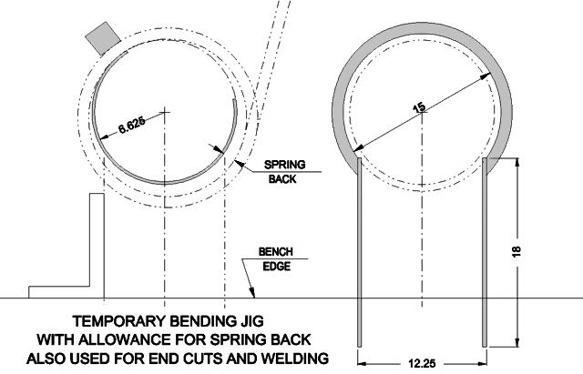 Treadle bending and fabrication layout drawing with caption. Temporary bending jig for bending, cutting and welding.