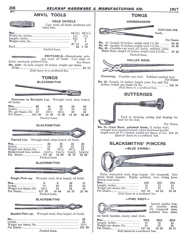 Cold Chisel, Pritchel, Tongs, Clinchers, Butterises and Pinchers