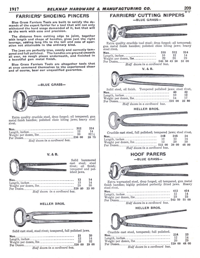 Farriers nippers and parers.  Blue Grass, Heller and V&B