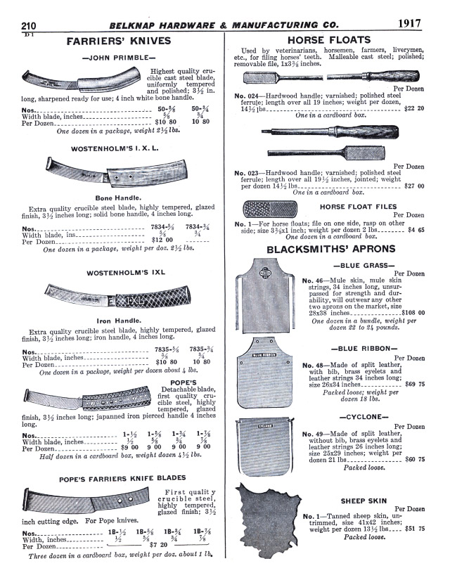 Fariers knives (6), Hores Floats, Aprons and sheep skin