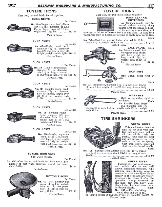 Tuyere Irons, Duck Nests, Sutton's Bowl, John Clark's Extension, Tire Shrinkers - Green River