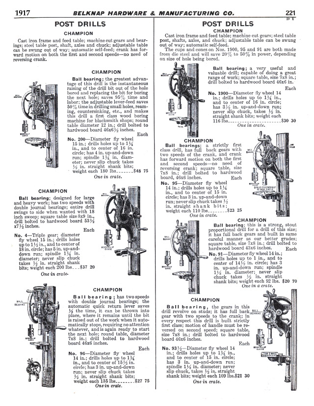 Champion Post Drills, models 200, 4, 96, 1900, 95, 91, 93-1/2