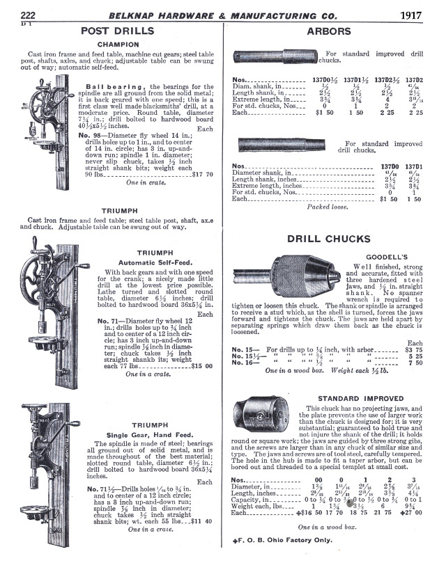 Champion Post Drill, Triumph Self Feed, Arbors and Drill Chucks