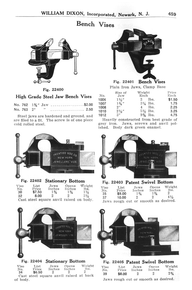 Dixon 1926 catalog. Page 459, Small DIXON and Prentiss vises.