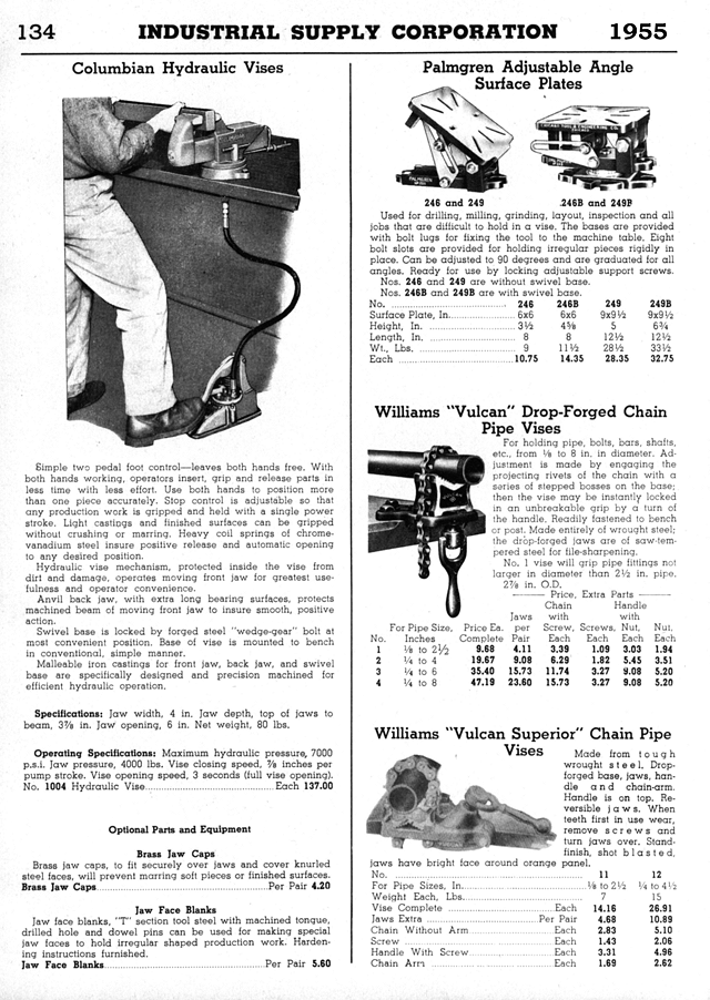 Columbian Hydraulic, Palmgren Angle Surface Plates, Williams Pipe Vises