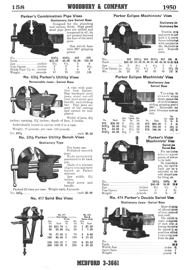 Parkers Combination Pipe and Machinists Vises. Blacksmiths Solid Box Vises