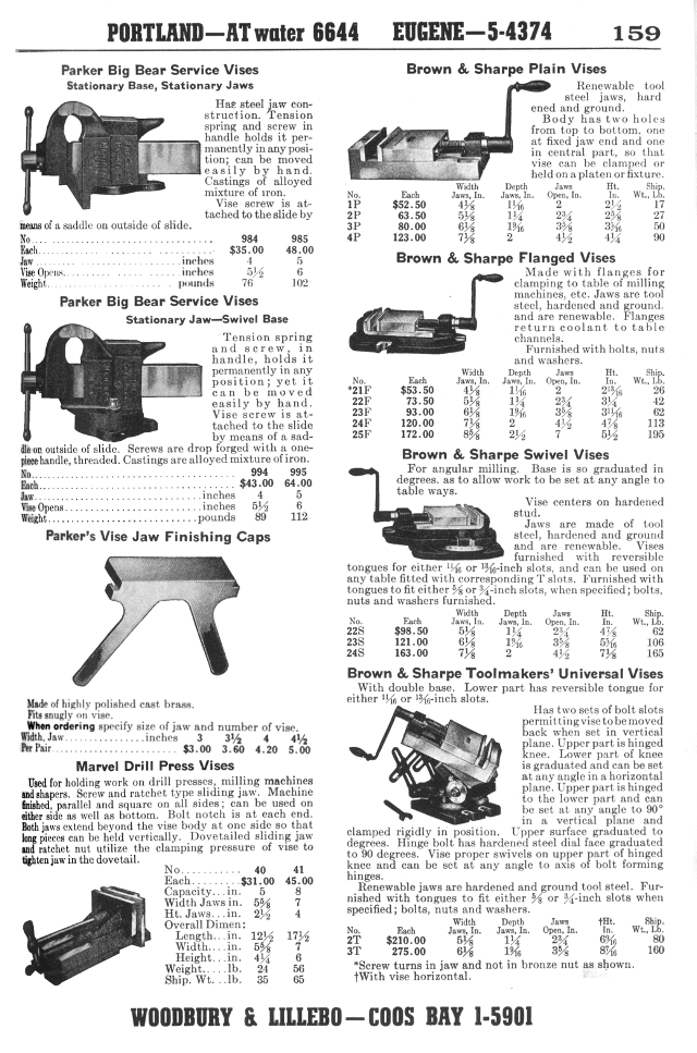 Parker, Marvel and Brown and Sharpe Precision Vises