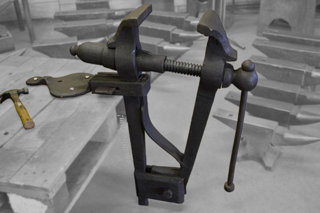 Huge blacksmiths Leg Vise with jaws fully open.